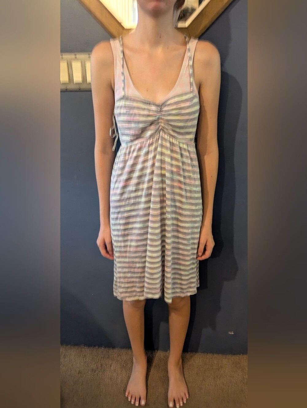 Bongo Small Striped Pastel Spaghetti Strap, Back Zip  Cover Up Dress Beach Pool